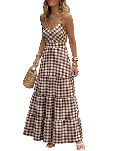 Caracilia Summer Maxi Dresses for Women Gingham Spaghetti Strap V Neck A Line Casual Long Dress 2026 Beach Vacation Clothes Brown White Plaid X-Large - Image 1