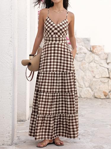 Caracilia Summer Maxi Dresses for Women Gingham Spaghetti Strap V Neck A Line Casual Long Dress 2026 Beach Vacation Clothes Brown White Plaid X-Large - Image 2