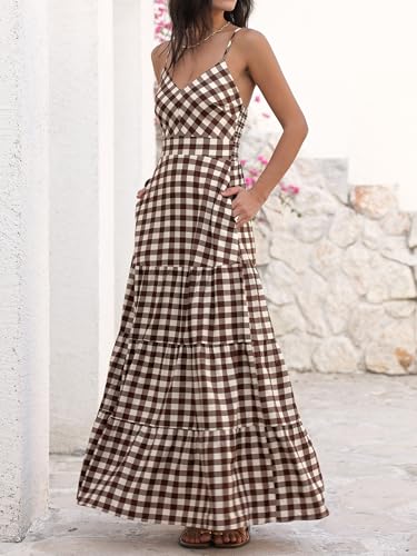 Caracilia Summer Maxi Dresses for Women Gingham Spaghetti Strap V Neck A Line Casual Long Dress 2026 Beach Vacation Clothes Brown White Plaid X-Large - Image 4