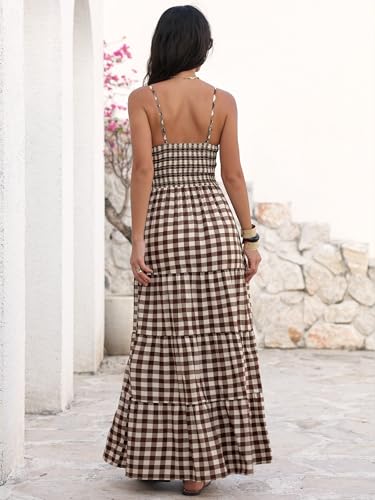 Caracilia Summer Maxi Dresses for Women Gingham Spaghetti Strap V Neck A Line Casual Long Dress 2026 Beach Vacation Clothes Brown White Plaid X-Large - Image 5
