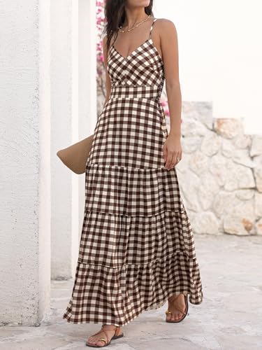 Caracilia Summer Maxi Dresses for Women Gingham Spaghetti Strap V Neck A Line Casual Long Dress 2026 Beach Vacation Clothes Brown White Plaid X-Large - Image 3