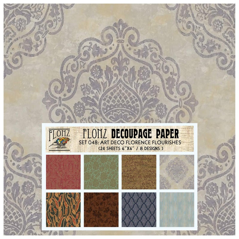 Decoupage Paper Pack 24 Sheets 6x6 Art Deco Florence Flourishes FLONZ Vintage Styled Paper for Decoupage Craft and Scrapbooking