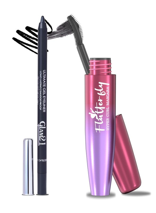 جلام 21 مجموعة مكياج العيون من Glam21: كحل جل 1.5 غرام وماسكارا فلاتر فلاي هايبر كيرل المقاومة للماء 10 مل | أسود فاحم، مقاوم للتلطخ | لإطلالة عيون كثيفة ومحددة ودقيقة | عبوة من قطعتين - Image 1