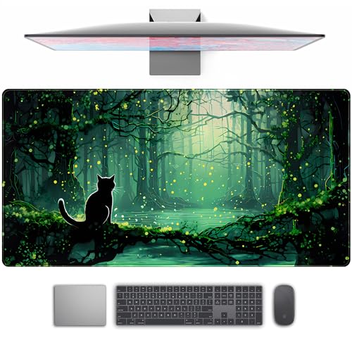 TENG DA QING Kawaii Green Forest Desk Pad Mouse Pad Cute Black Cat Desk Mat, XXL Extended Anime Cats Large Gaming Mousepad, Computer Keyboard and Mouse Deskpad Decor Deskmat with Stitched Edges Mat 31.5x15.7 in - Image 1