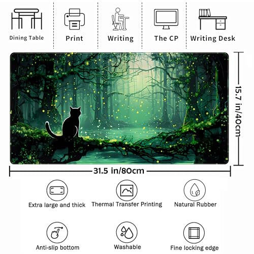 TENG DA QING Kawaii Green Forest Desk Pad Mouse Pad Cute Black Cat Desk Mat, XXL Extended Anime Cats Large Gaming Mousepad, Computer Keyboard and Mouse Deskpad Decor Deskmat with Stitched Edges Mat 31.5x15.7 in - Image 2