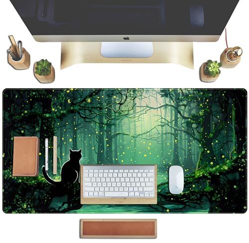 TENG DA QING Kawaii Green Forest Desk Pad Mouse Pad Cute Black Cat Desk Mat, XXL Extended Anime Cats Large Gaming Mousepad, Computer Keyboard and Mouse Deskpad Decor Deskmat with Stitched Edges Mat 31.5x15.7 in - Image 4