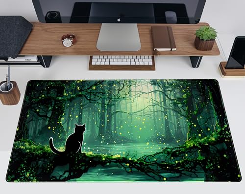 TENG DA QING Kawaii Green Forest Desk Pad Mouse Pad Cute Black Cat Desk Mat, XXL Extended Anime Cats Large Gaming Mousepad, Computer Keyboard and Mouse Deskpad Decor Deskmat with Stitched Edges Mat 31.5x15.7 in - Image 5