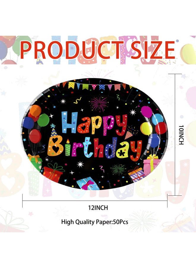 Grencian 50 Pcs Happy Birthday Oval Paper Plates 10"x12" Large Colorful Black Birthday Plates Disposable Heavy Duty Birthday Theme Party Plates Happy Birthday Party Supplies for Boys Girls Birthday Party Decor - Image 2