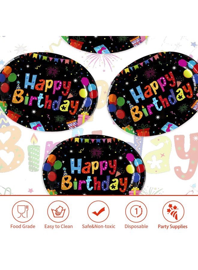 Grencian 50 Pcs Happy Birthday Oval Paper Plates 10"x12" Large Colorful Black Birthday Plates Disposable Heavy Duty Birthday Theme Party Plates Happy Birthday Party Supplies for Boys Girls Birthday Party Decor - Image 3
