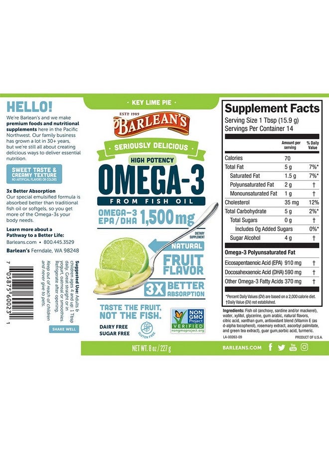 BARLEAN'S Key Lime Pie High Potency Omega 3 Fish Oil Liquid Supplement 1500Mg Of Epa& Dha Fatty Acid Smoothie Flavored & Burpless For Brain Joint & Heart Health 8 Oz - Image 3