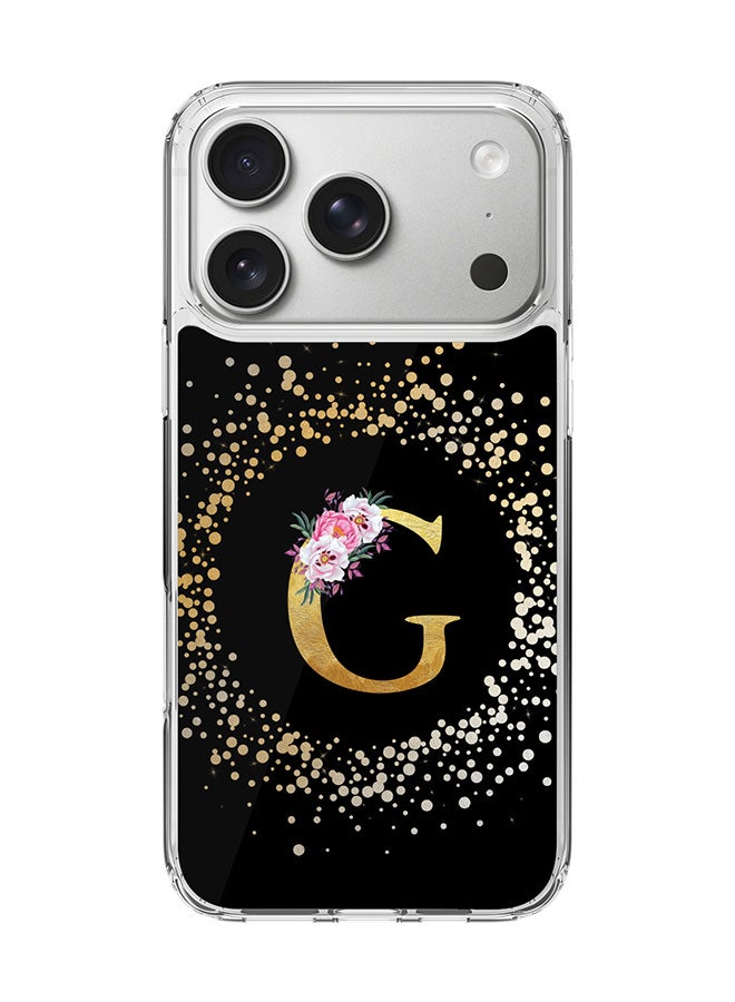 Stylizedd Classic Clear MagSafe Case for iPhone 17 Pro , Hybrid Soft Case Flexible Edges Anti Drop TPU PC Gel Thin Transparent Cover [ Designed for iPhone 17 Pro ] - Custom Monogram Initial Letter Floral Pattern Alphabet - G ( Black )