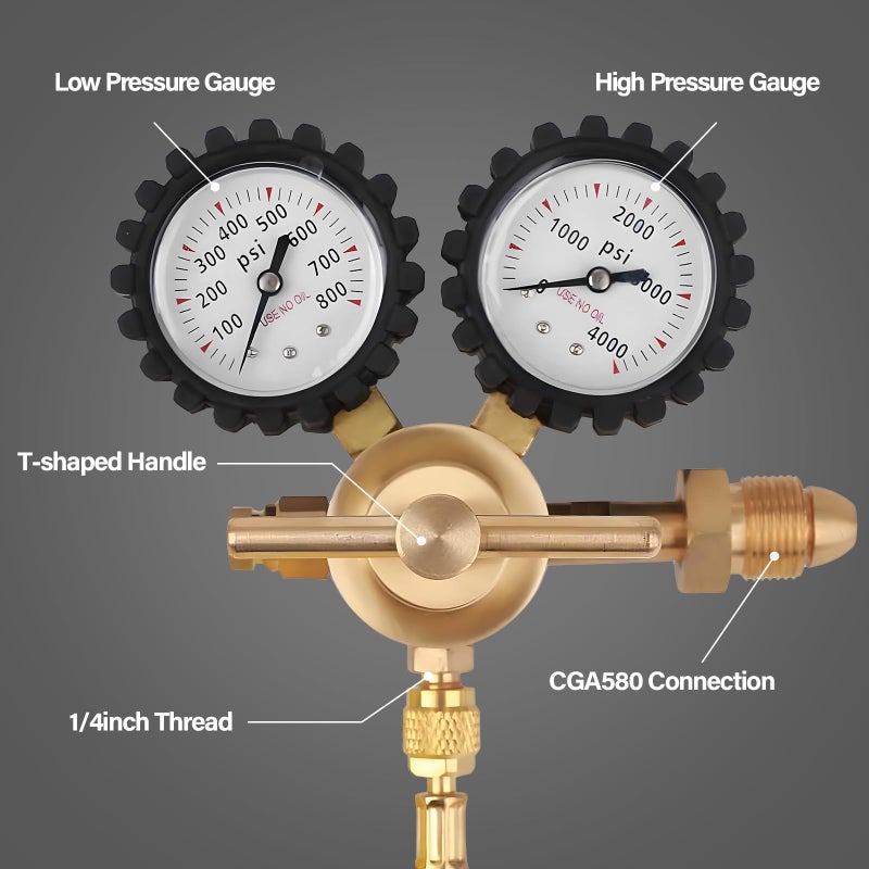 Tutor Auto Nitrogen Regulator with 0-800 PSI Delivery Pressure, 60" Hose CGA580 Inlet Connection and 1/4'' Male Flare Outlet Connection - Image 2