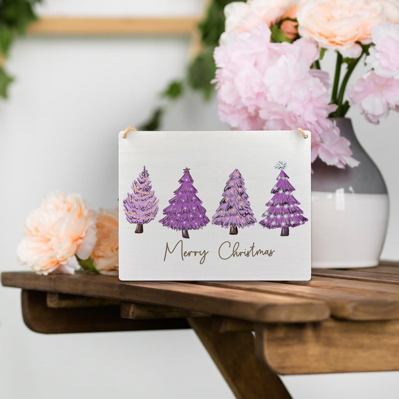 Ryeolo Merry Christmas Wooden Hanging Sign - Purple Christmas Tree Decor, Front Door Sign, Indoor Wall Hanging for Home, 10.2x7.8 Inches - Image 5