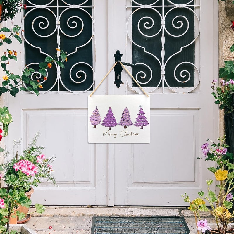 Ryeolo Merry Christmas Wooden Hanging Sign - Purple Christmas Tree Decor, Front Door Sign, Indoor Wall Hanging for Home, 10.2x7.8 Inches - Image 3