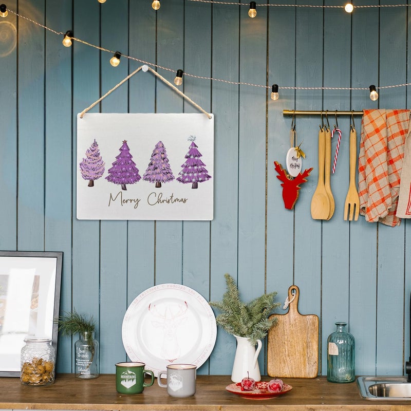 Ryeolo Merry Christmas Wooden Hanging Sign - Purple Christmas Tree Decor, Front Door Sign, Indoor Wall Hanging for Home, 10.2x7.8 Inches - Image 4