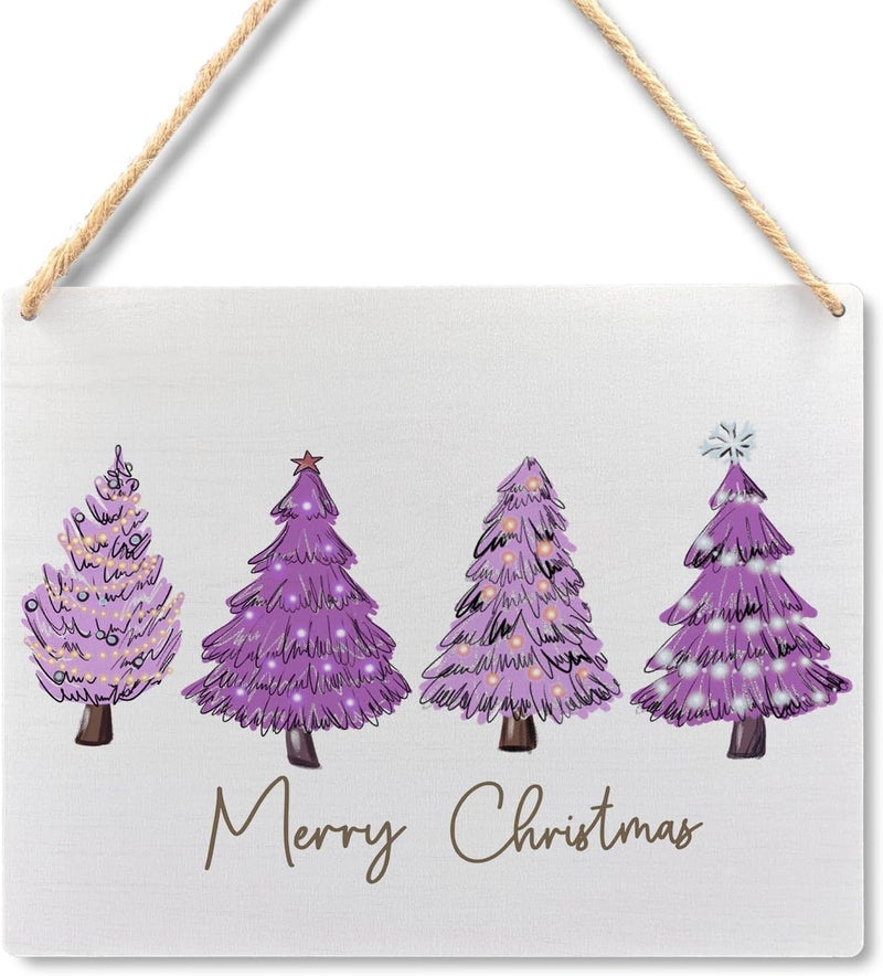 Ryeolo Merry Christmas Wooden Hanging Sign - Purple Christmas Tree Decor, Front Door Sign, Indoor Wall Hanging for Home, 10.2x7.8 Inches - Image 1