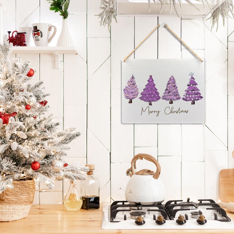 Ryeolo Merry Christmas Wooden Hanging Sign - Purple Christmas Tree Decor, Front Door Sign, Indoor Wall Hanging for Home, 10.2x7.8 Inches - Image 2