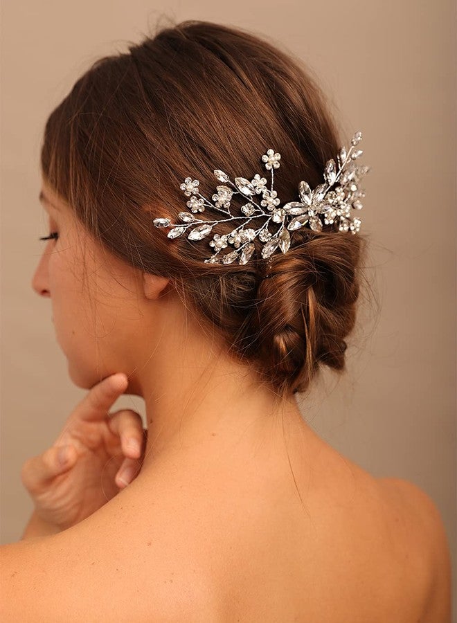 YERTTER Bridal Hair Comb Crystal Bride Wedding Hair Comb Rhinestone Flower Bridal Hair Pieces Pearl Wedding Hair Accessories for Women and Girls (Silver) - Image 3