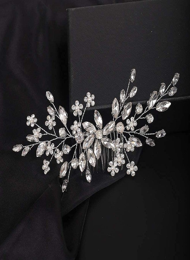 YERTTER Bridal Hair Comb Crystal Bride Wedding Hair Comb Rhinestone Flower Bridal Hair Pieces Pearl Wedding Hair Accessories for Women and Girls (Silver) - Image 2