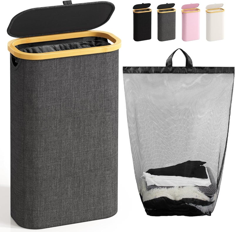 Bathola 75L Slim Laundry Hamper with Lid Dirty Clothes Hampers for Laundry Collapsible Laundry Baskets for Small Spaces Bedroom Bathroom Laundry Room Dark Grey