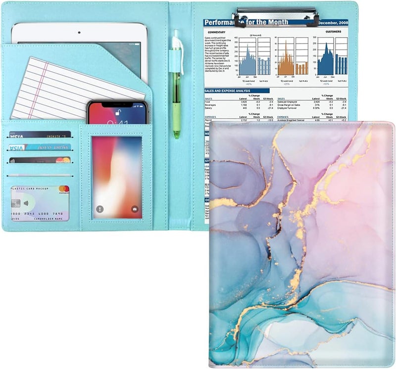 WAVEYU Padfolio Clipboard Folder Portfolio, Marble Leather Storage Clipboard with Cover for Legal Pad Holder Letter Size A4 Writing Pad for Conference Organizer Document Sleeve, Colorful Marble - Image 1