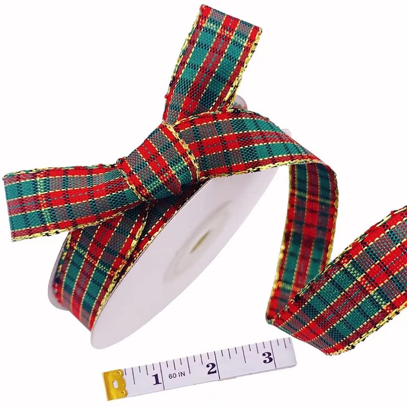 Propupy 5/8" Christmas Ribbons Xmas Plaid Ribbons Craft Ribbon Checked Ribbon Bows Wrapping Ribbons with Measuring Tape for Christmas Party Decoration (25 Yards) - Image 1