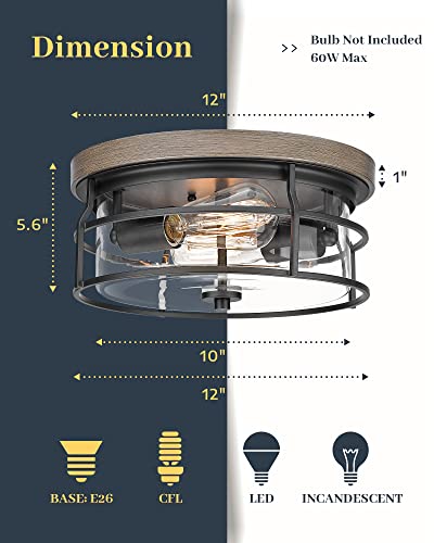 EAPUDUN 2-Light Flush Mount Ceiling Light Fixture, 12inch Farmhouse Vintage Close to Ceiling Lights with Clear Glass for Kitchen Bedroom Foyer Hallway Stairway Entryway, FMA1414-FBDT - Image 4