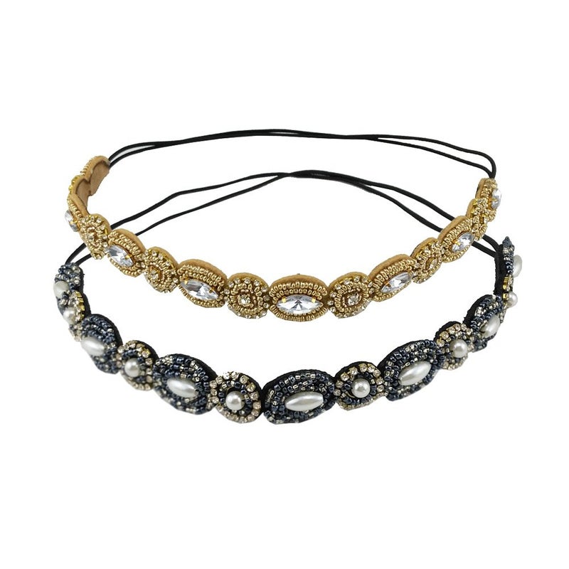 yueton Pack of 2 Handmade Crystal Rhinestone Beads Elastic Headband Hair Band Women Hair Accessories Navy blue  Gold