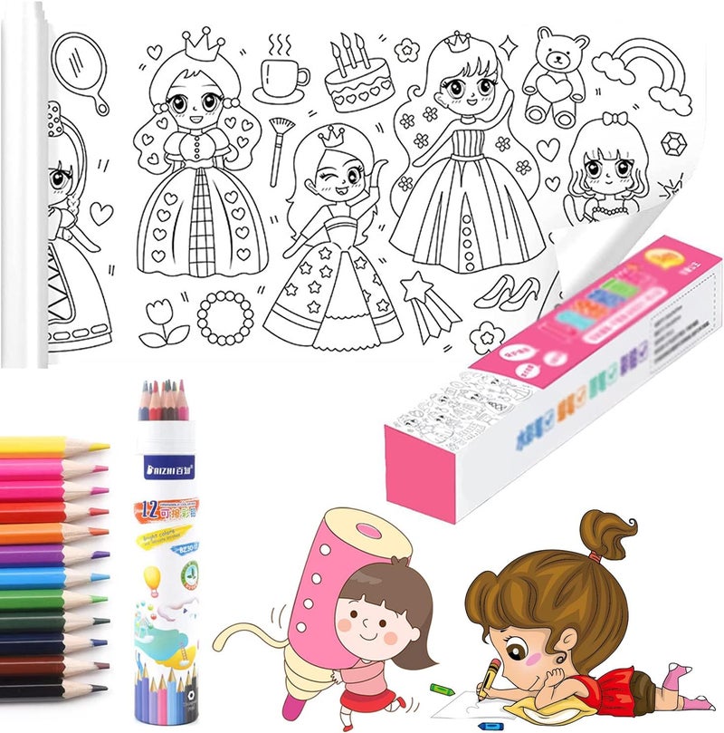 Children's Drawing Roll, Coloring Paper Roll for Kids, DIY Painting Drawing Color Filling Paper, Drawing Paper Roll for Kids (with 12 Colored Pencils,C) - Image 1