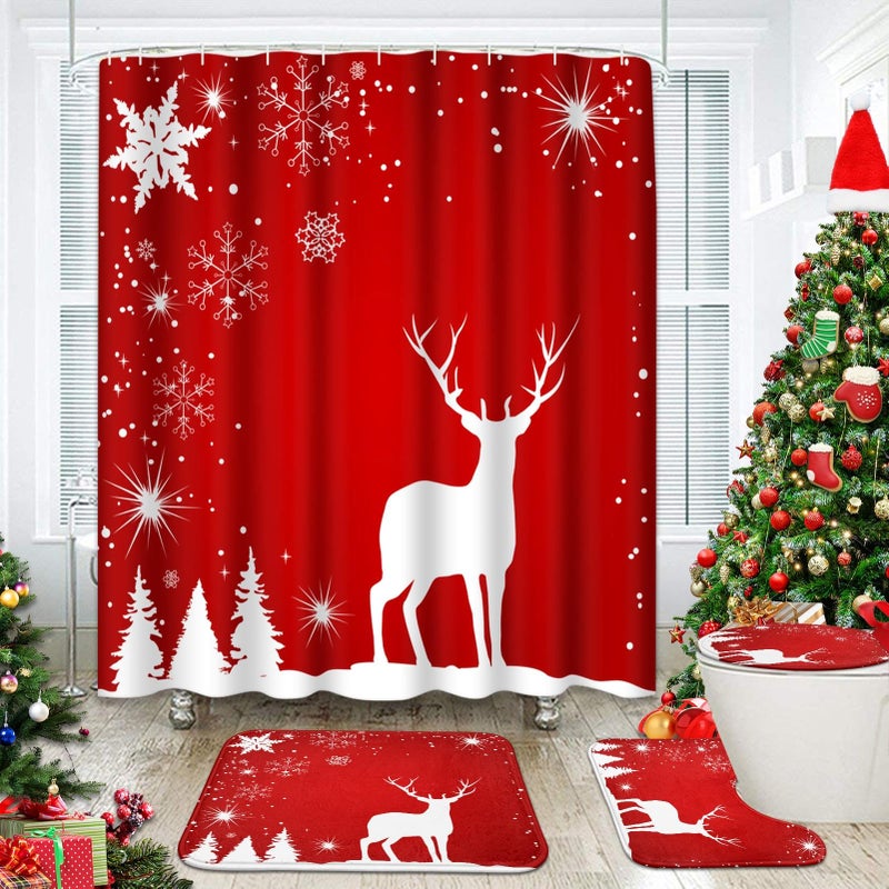 ArtSocket 4 Pcs Shower Curtain Set Merry Christmas Happy New Year with Non-Slip Rugs Toilet Lid Cover and Bath Mat Bathroom Decor Set 72" x 72" - Image 1