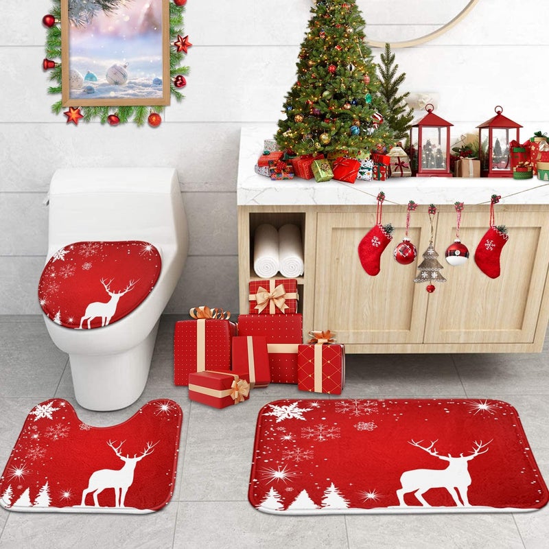 ArtSocket 4 Pcs Shower Curtain Set Merry Christmas Happy New Year with Non-Slip Rugs Toilet Lid Cover and Bath Mat Bathroom Decor Set 72" x 72" - Image 5