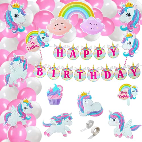 FI - FLICK IN 68 pcs Unicorn Theme Birthday Decorations Combo for Girls - Magical Unicorn Cutouts, 1st & 5th Birthday Decoration Items Set (Pack of 68, Pink & White) - Image 1