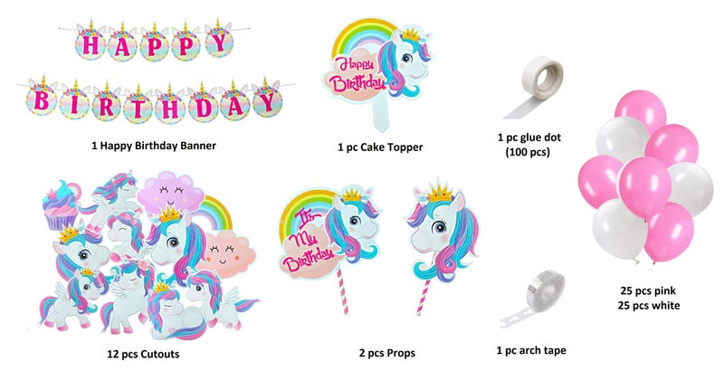 FI - FLICK IN 68 pcs Unicorn Theme Birthday Decorations Combo for Girls - Magical Unicorn Cutouts, 1st & 5th Birthday Decoration Items Set (Pack of 68, Pink & White) - Image 2