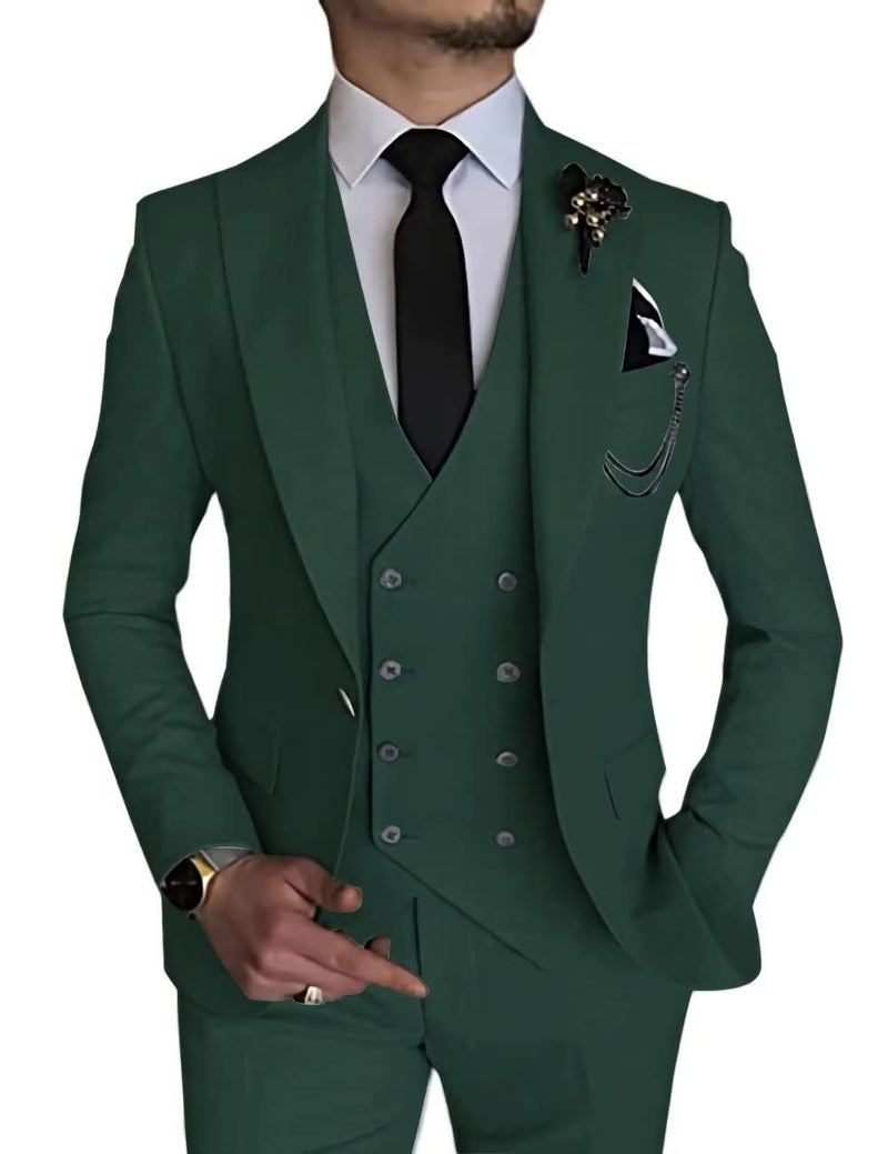 Wangyue Double Breasted Hunt Green Suit for Men Classic Fit Wedding & Formal Groom Suits 3-Piece Suit Medium Men's Suits for Prom Party Evening Formal Outfit - Image 1