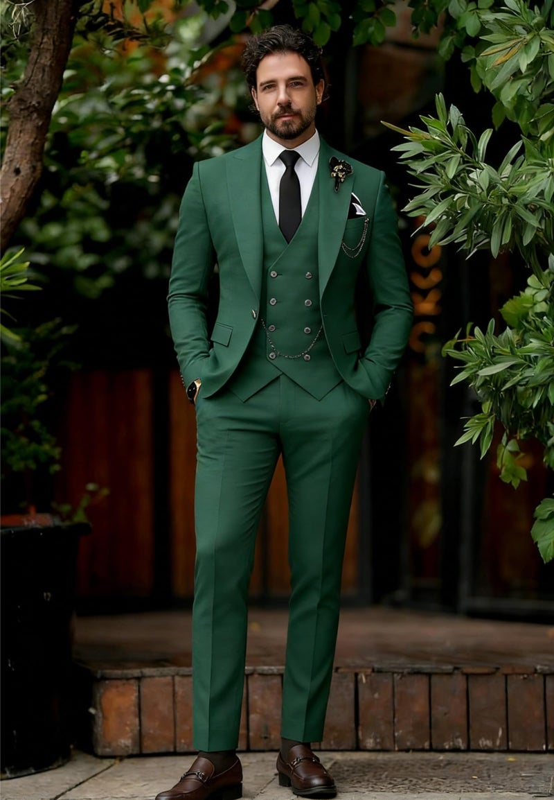 Wangyue Double Breasted Hunt Green Suit for Men Classic Fit Wedding & Formal Groom Suits 3-Piece Suit Medium Men's Suits for Prom Party Evening Formal Outfit - Image 4