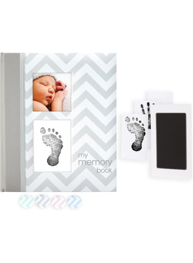 Pearhead First 5 Years Chevron Baby Memory Book, Clean-Touch Baby Safe Ink Pad for Babyâ€™s Handprint or Babyâ€™s Footprint, Gender Neutral Baby Milestone And Pregnancy Book, Gray - Image 1