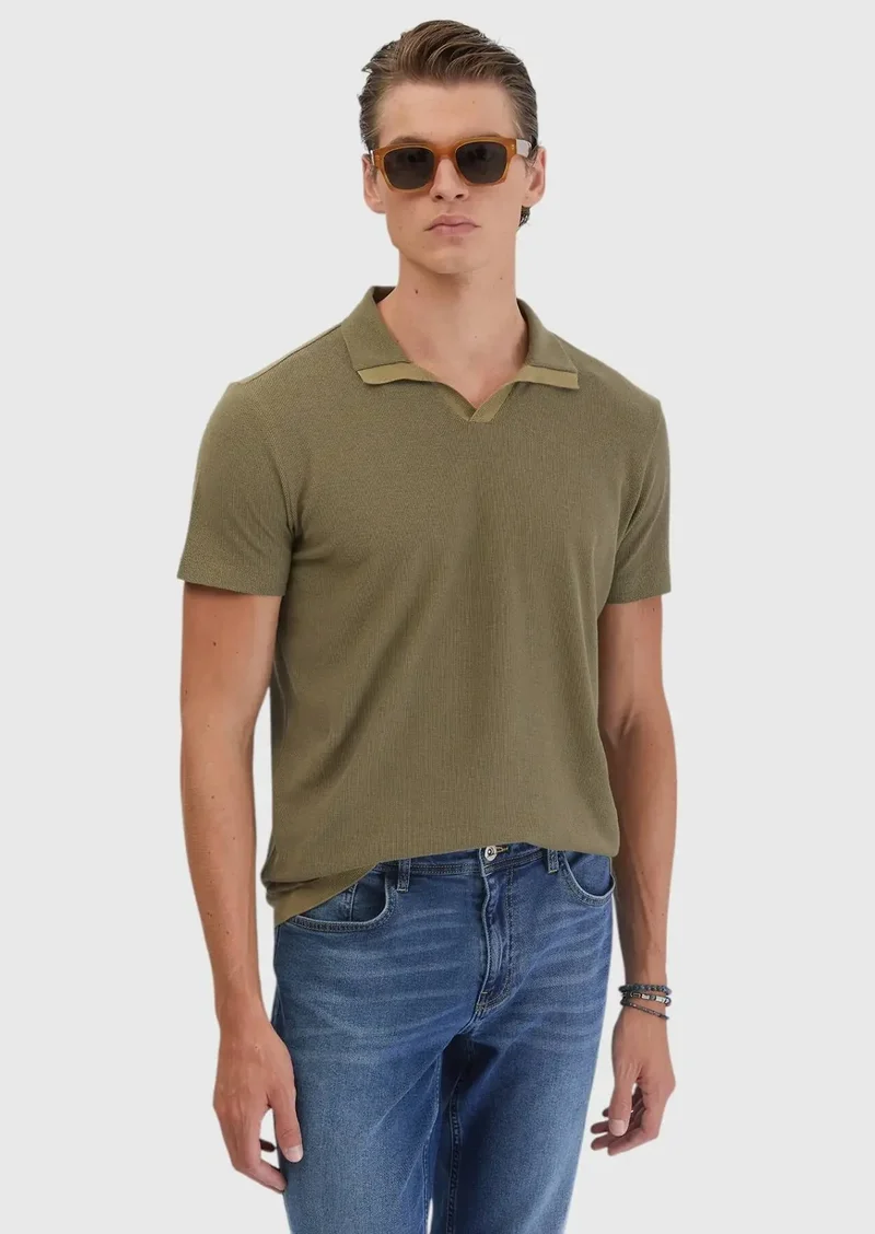 RAMSEY Oil Green Jacquard Polo Neck 100% Cotton T-Shirt