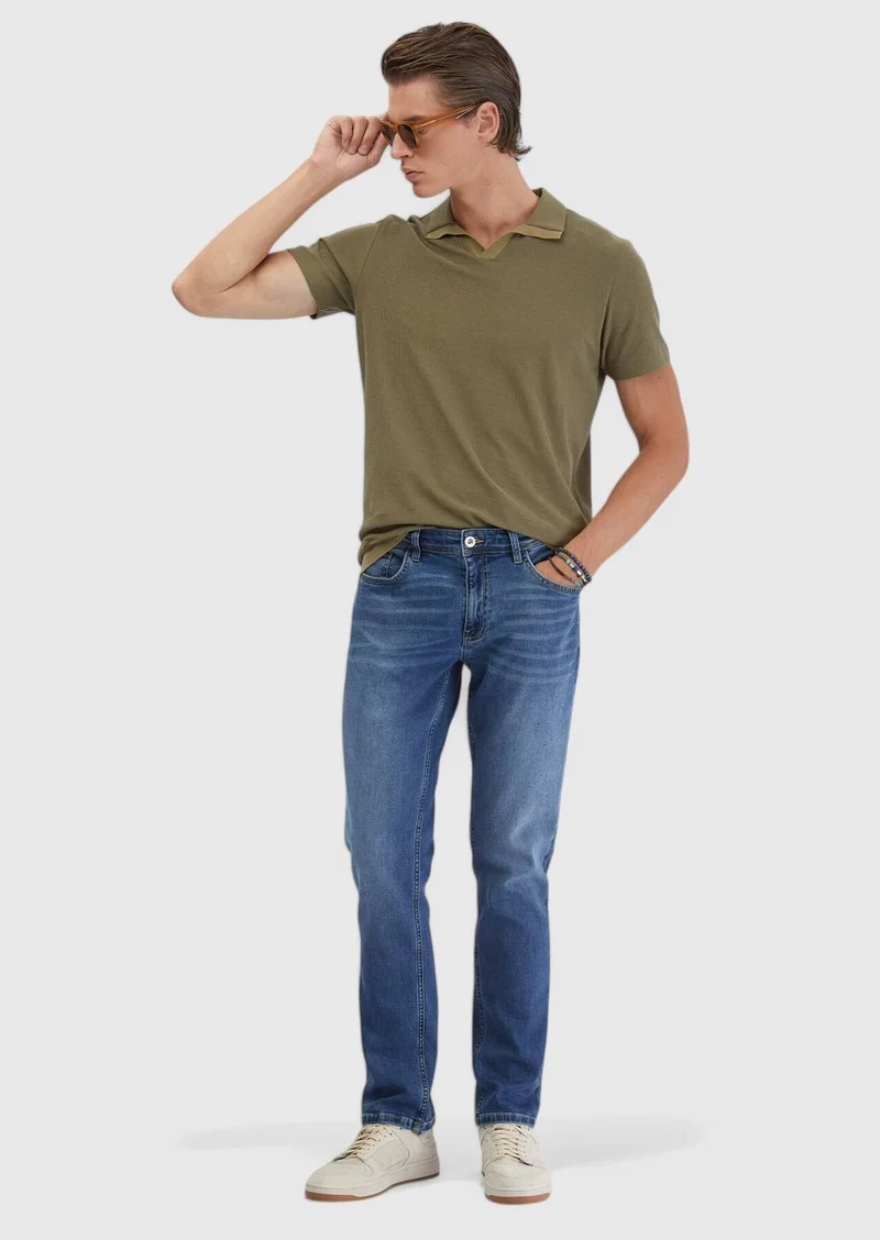 RAMSEY Oil Green Jacquard Polo Neck 100% Cotton T-Shirt