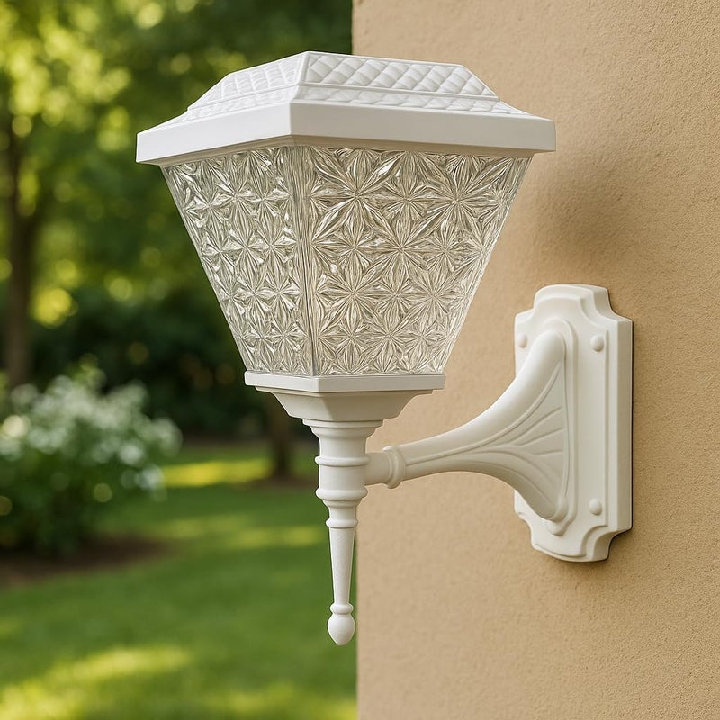 Outdoor Solar Wall Light with Decorative Glass Panel and Black/White Metal Mounting - Image 1