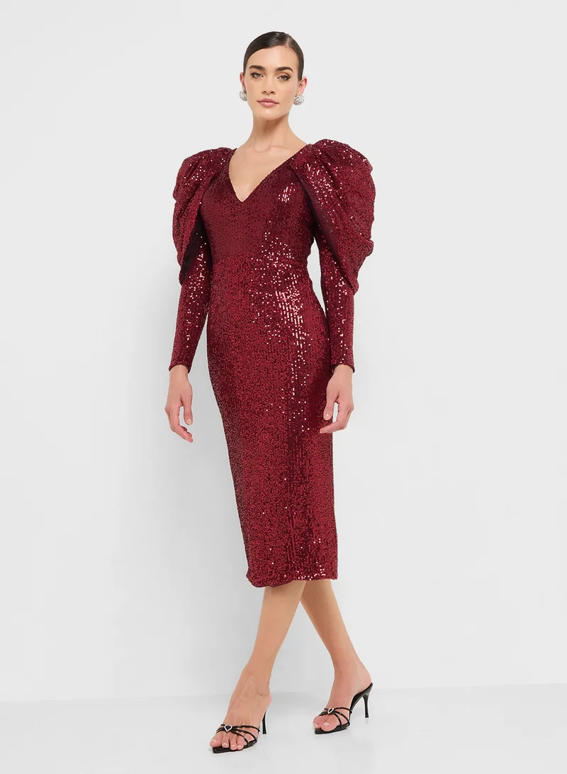 Ginger Boutique eclat luxe sequin embellished plunge neck draped dress