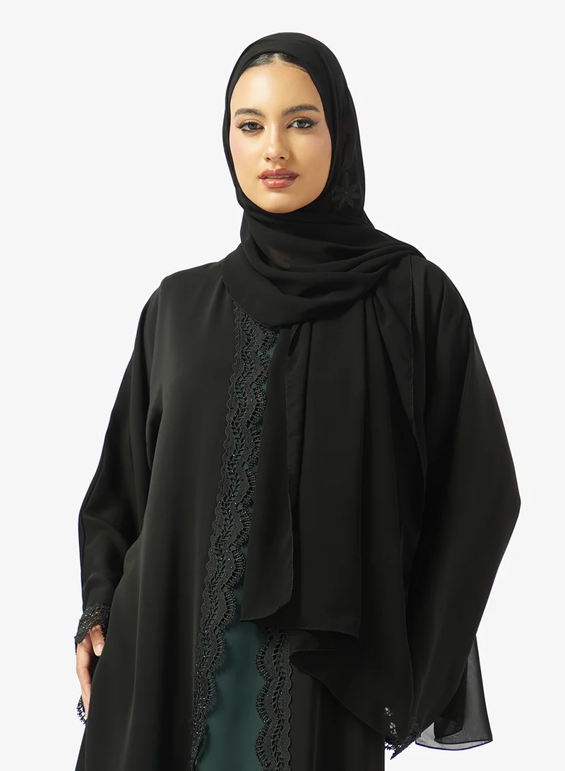 hayas closet  Floral Lace Detailed Open Front Abaya for Women | Best Price UAE