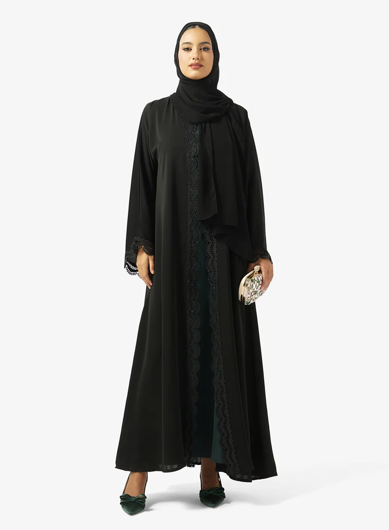 hayas closet  Floral Lace Detailed Open Front Abaya for Women | Best Price UAE