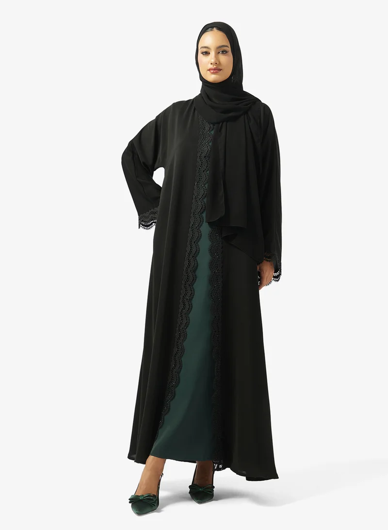 Floral Lace Detailed Open Front Abaya