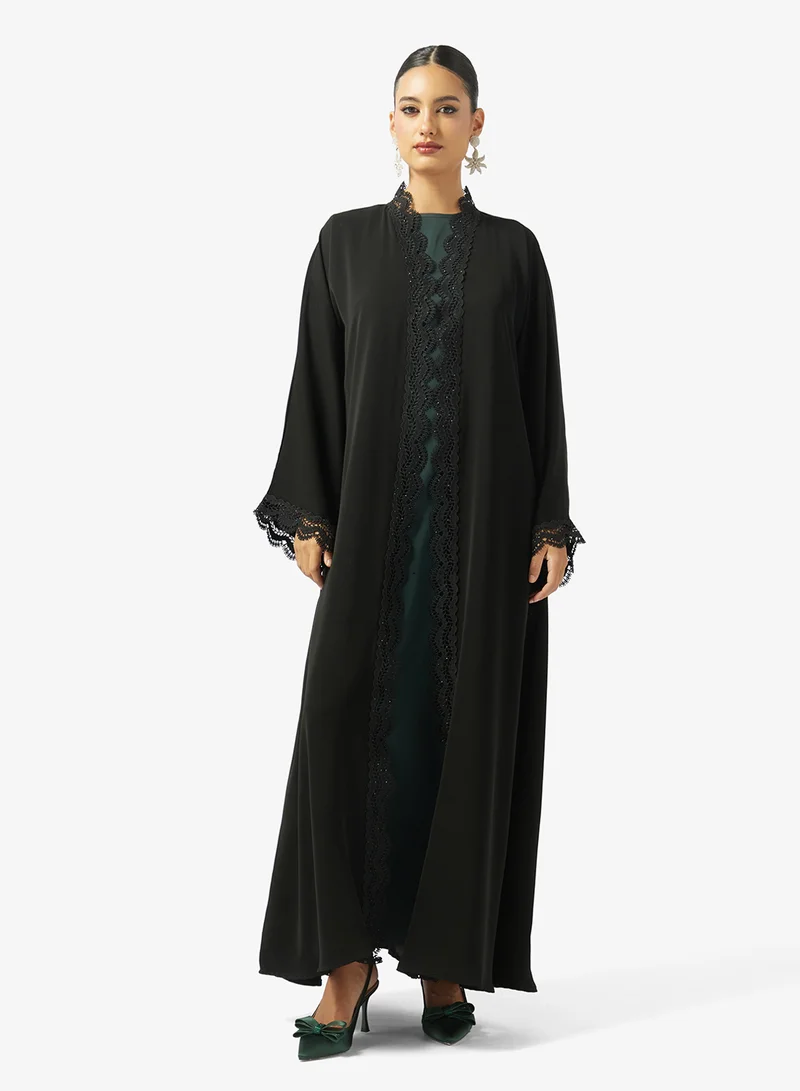 hayas closet  Floral Lace Detailed Open Front Abaya for Women | Best Price UAE