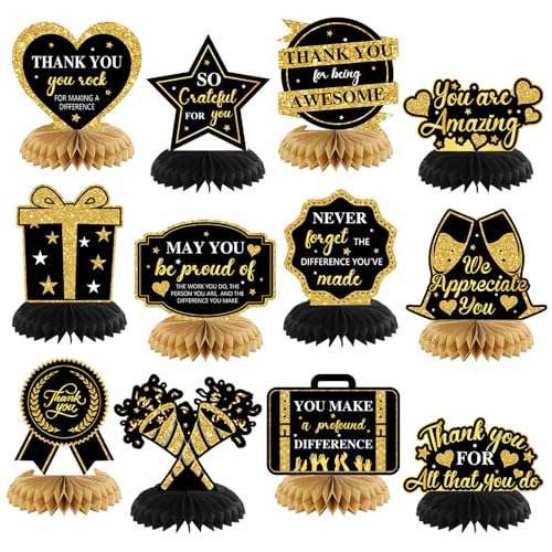 Moinchore 12 Pcs Thank You Decorations Honeycomb Centerpiece Employee Appreciation Decor We Appreciate You Table Decorations Thank Table Topper for Doctor Employee Party SuppliesGold and Black - Image 1