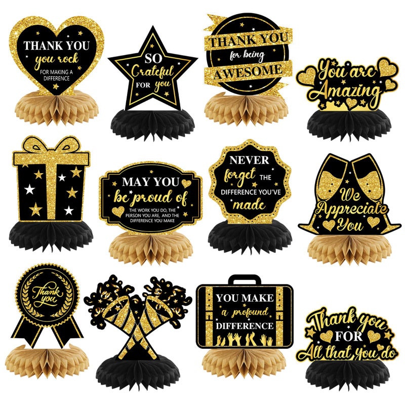 Moinchore 12 Pcs Thank You Decorations Honeycomb Centerpiece Employee Appreciation Decor We Appreciate You Table Decorations Thank Table Topper for Doctor Employee Party SuppliesGold and Black - Image 3