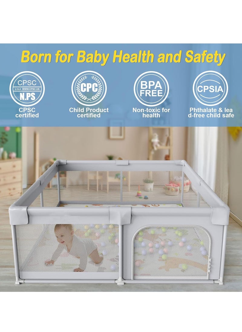 Baby Playpen, Toddler Playpen with Foam Play Mat, 150*180cm Baby Safety Guardrail, Children's Playground with Breathable Net and Non-slip Base, 2 Rattles, 60 Balls, 4 Pull Rings, Ball Rack Net (Gray)