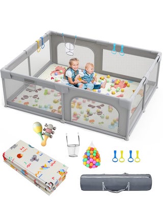 Baby Playpen, Toddler Playpen with Foam Play Mat, 150*180cm Baby Safety Guardrail, Children's Playground with Breathable Net and Non-slip Base, 2 Rattles, 60 Balls, 4 Pull Rings, Ball Rack Net (Gray) - pzsku/ZEB7915EC3F57DF46B144Z/45/_/1738568797/caa97057-a269-49ba-8b91-23034877da6c