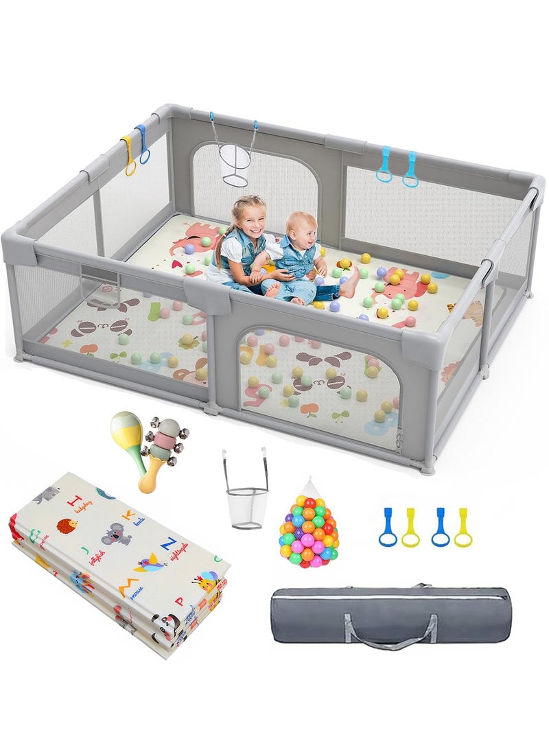 Baby Playpen, Toddler Playpen with Foam Play Mat, 150*180cm Baby Safety Guardrail, Children's Playground with Breathable Net and Non-slip Base, 2 Rattles, 60 Balls, 4 Pull Rings, Ball Rack Net (Gray)