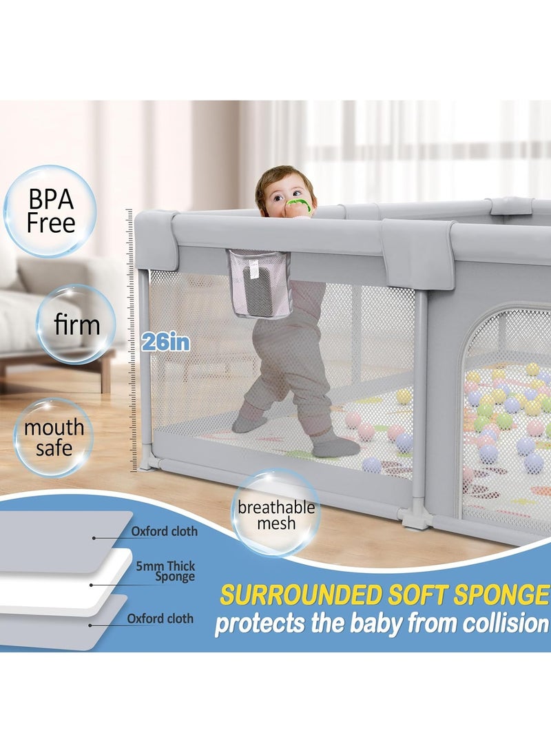 Baby Playpen, Toddler Playpen with Foam Play Mat, 150*180cm Baby Safety Guardrail, Children's Playground with Breathable Net and Non-slip Base, 2 Rattles, 60 Balls, 4 Pull Rings, Ball Rack Net (Gray)